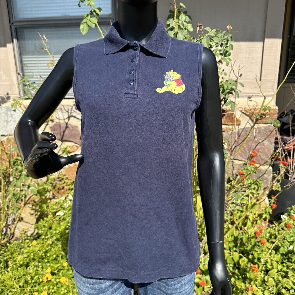 Vintage Disney Winnie the Pooh Shirt Womens Medium Sleeveless Polo Navy